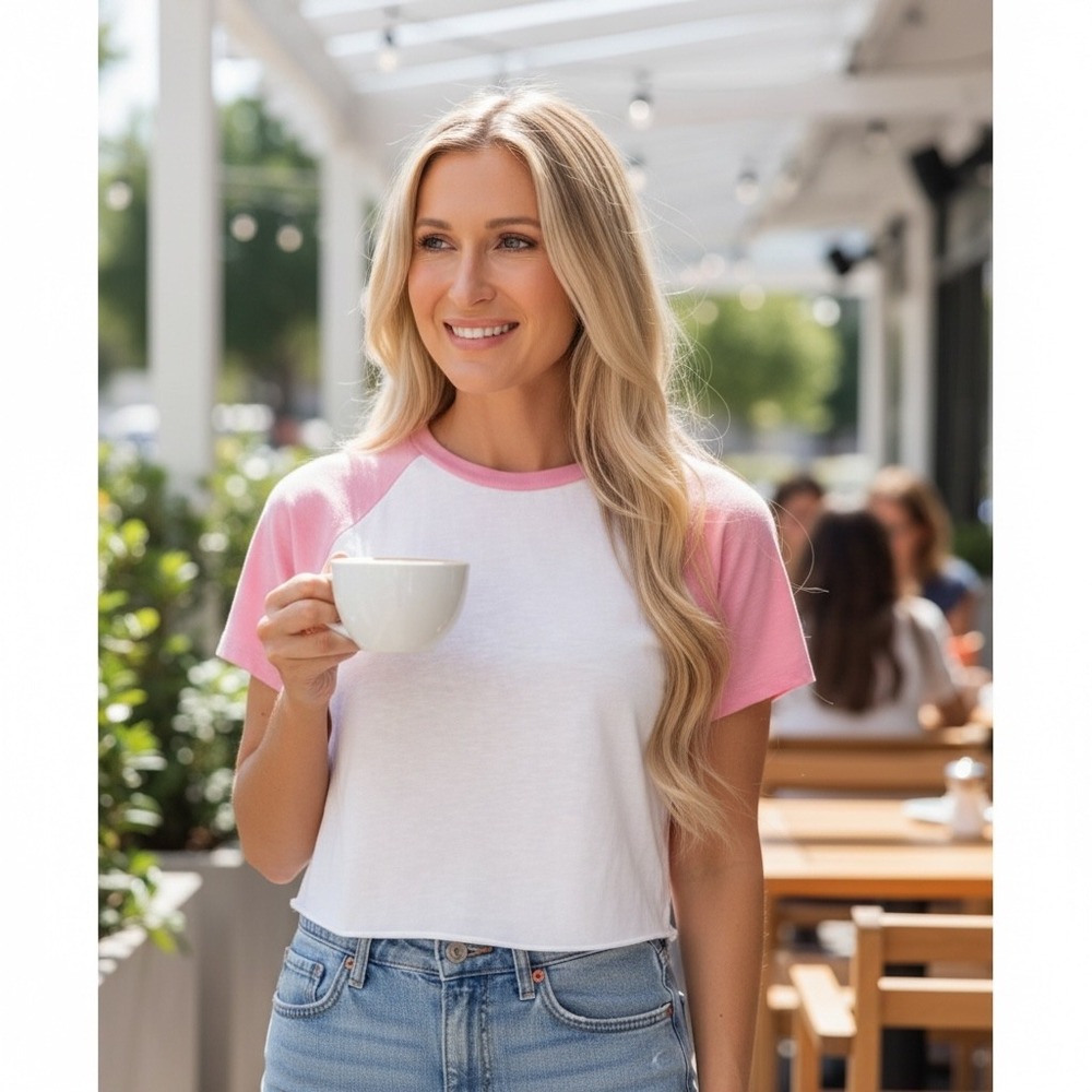 Aerie Women XS Pink White Raglan Baseball Tee Short Sleeve Cropped Raw Hem Shirt - Picture 1 of 5